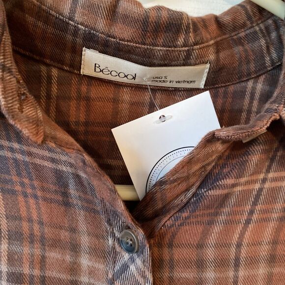 Becool Women’s Small Button Up Long Sleeve Plaid Shirt Brown Checked Rust Light - Picture 2 of 9